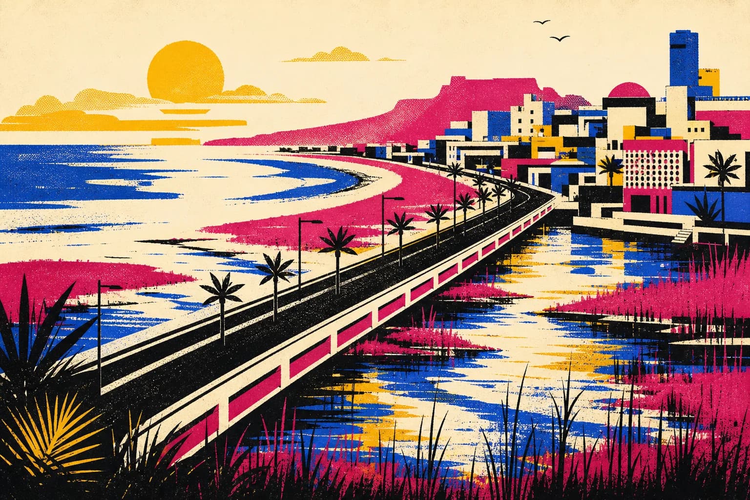 Original screen-print illustration of an invented subtropical city, with a coastal road crossing wetlands toward geometric buildings at dawn.